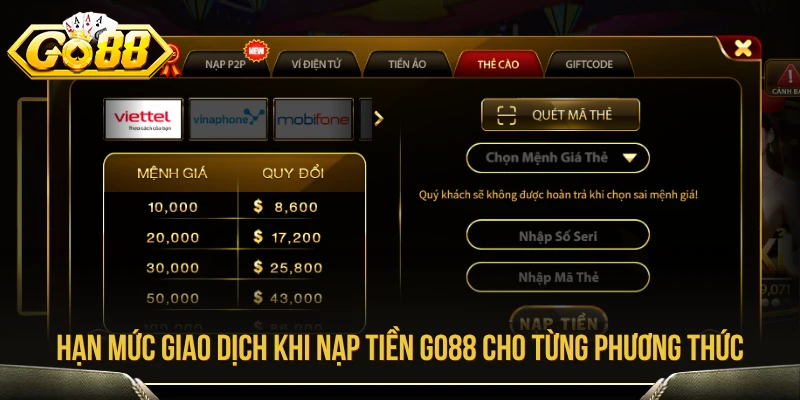 Hạn mức giao dịch khi nạp tiền GO88 theo từng phương thức